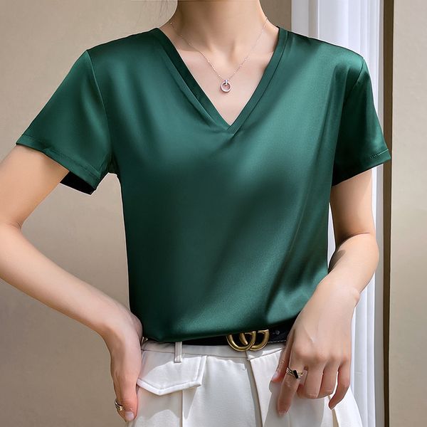 

women's t-shirt summer basic solid women's t-shirts v-neck short sleeve tees satin silk elegant thin shirts for female green vint, White