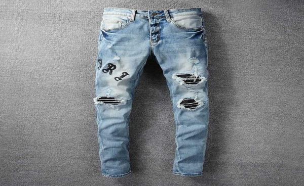 

men039s jeans amri ripped pants fashion hip hop blue letter printing good version high street youth slim fit denim elastic l40s7978165