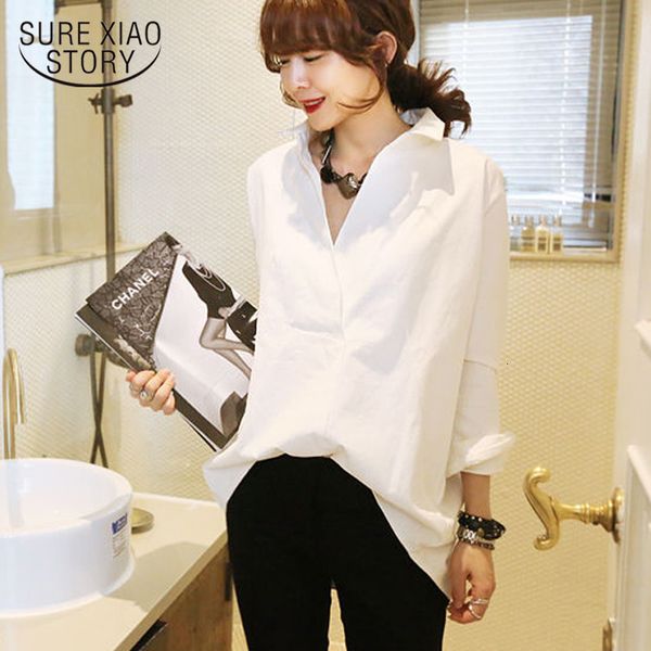 

women's blouses shirts white long shirts women casual ladies spring loose fashion korean v-neck long sleeve blouse ol style female 801