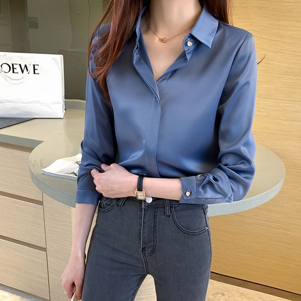 

women's blouses shirts satin blouses for spring elegant chiffon shirts women blouses office lady long sleeve blue shirt ladies 230317, White