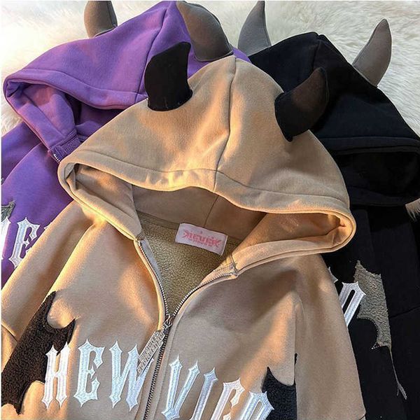 

men's hoodies sweatshirts hip hop dark bat wing devil horn gothic zip up hoodie jacket men women sweatshirt kawaii clothes, Black