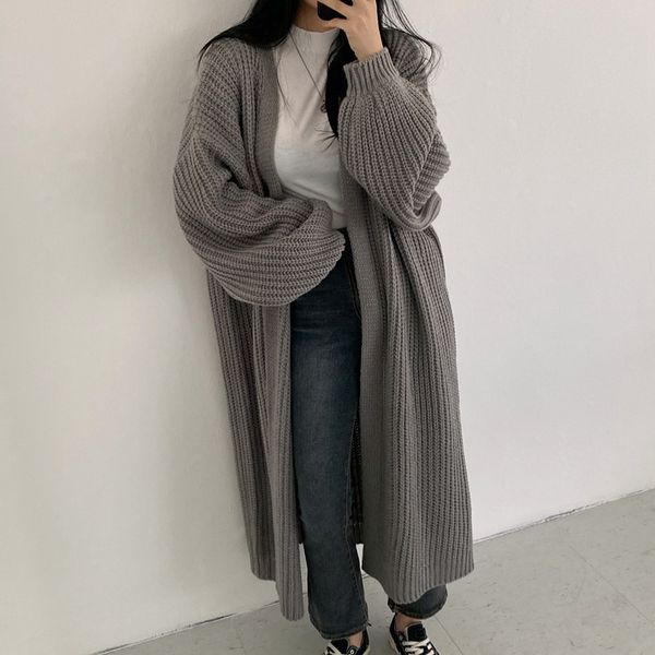 

women's knits tees cardigan women long knitted casual vintage loose sweater coat solid oversized korean fashion female cardigans 230317, White
