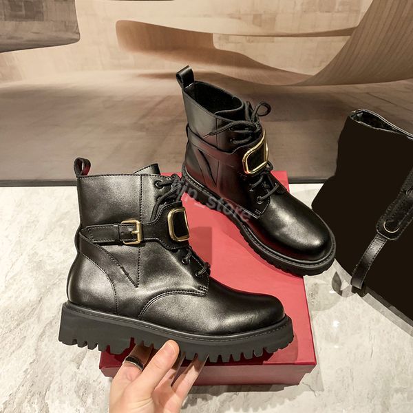 

designer boots women martin laced up shoes low heel platform calfskin combat boot fashion womens sneakers size 34-40, Black