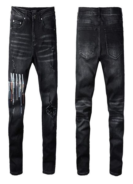 

men039s jeans treet spray paint colorful print letter denim black skinny ripped jeans4758330, Blue