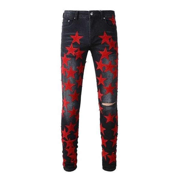

jeans mens am1r1 trousers pants mirri ripped fashion designer brand new men's white embroidery patch elastic slim denim hip hop high wm, Blue