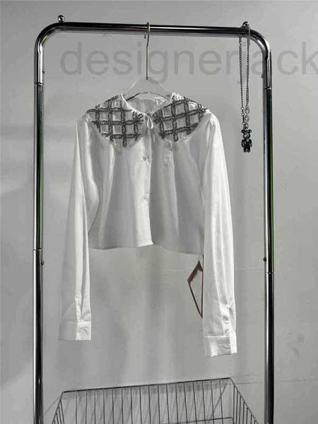 

women's blouses & shirts designer early spring solid heavy work rhinestone doll polo neck diamond letter embroidery long sleeve short s, White