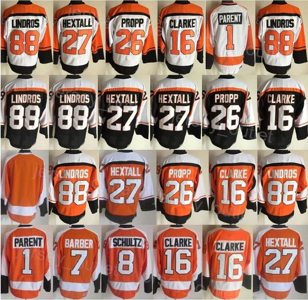 

men retro hockey 88 eric lindros jersey vintage classic 16 bobby clarke 27 ron hextall 26 brian propp 1 bernie parent 7 bill barber 8 dave s, Black;red