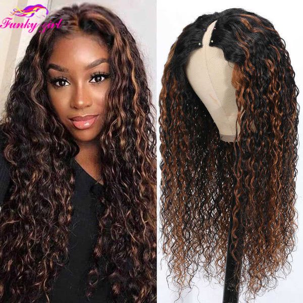 

synthetic wigs highlight wig water wave human hair s v part curly for women brazilian virgin glueless machine made 230227, Black