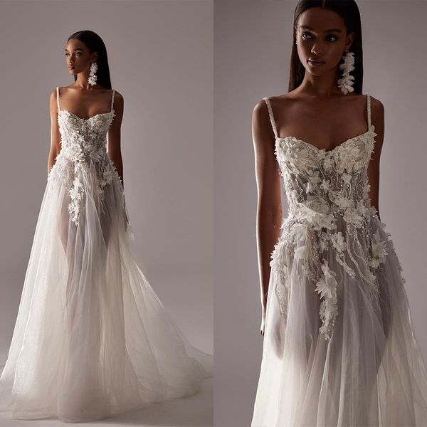 Glamorous A Line Wedding Dresses Spaghetti Sleeveless D Flower Applicant On Tulle Lace Up Floor Length Custom Made Plus Size Bridal Dress Vestidos De Novia