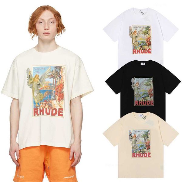 

summer tide brand los angeles rhude hd print pattern design men and women couples wear short sleeve t-shirt, White;black
