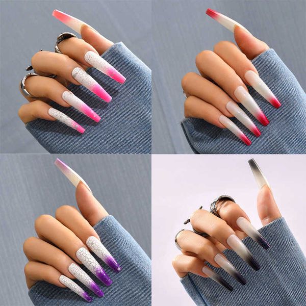 

false nails super long ballet pseudo plate charming dark blue frosted fission wearing 230318, Red;gold
