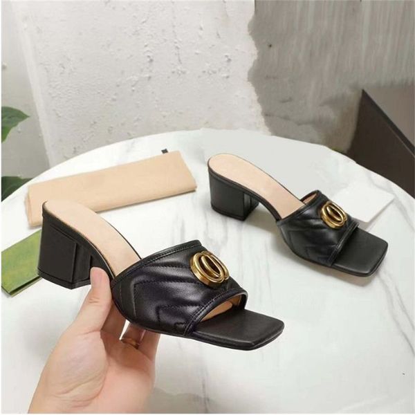 

new women's slippers mid heel designer leather fashion embroidered summer chunky heel sandals 5.5cm size 35-44, Black