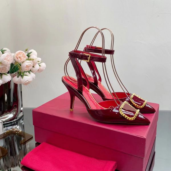 

comfortable dress shoes designer sandals womens high heels riveted square buckle lacquer leather ankle strap buckle 7.5cm party wedding shoe, Black