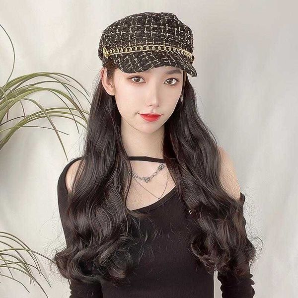 

hat wig female color long curly hair head cover internet big wave high temperature, Black