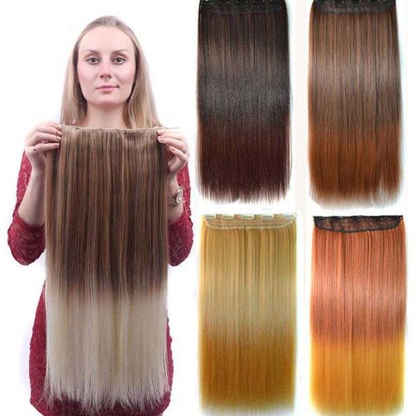 

long straight hair hairpiece clip female gradient color one piece, Black;brown