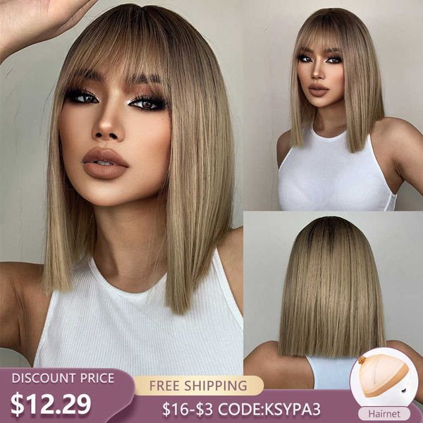

synthetic wigs easihair brown to blonde ombre synthetic hair wigs short bob natural with bangs for women heat resistant cosplay 230227, Black