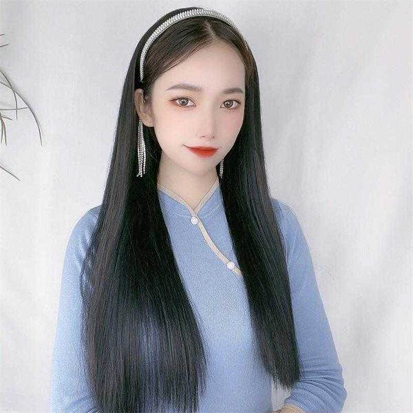 

wig womens long hair crystal headband half headgear removable black straight