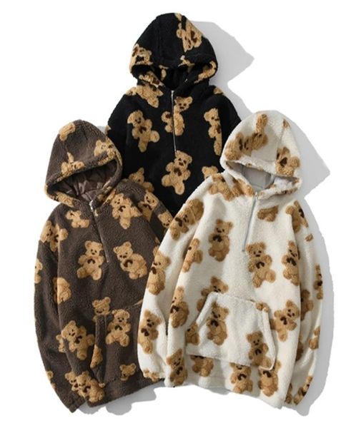 

hip hop autumn winter lambswool jacket men streetwear bear print zipper cardigan coats harajuku loose hooded couple coat outwear l1299239, Black;brown