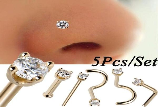 

5pcsset surgical steel crystal nose ring piercing nose stud nose piercing women body piercing jewelry different styles2911920, Silver