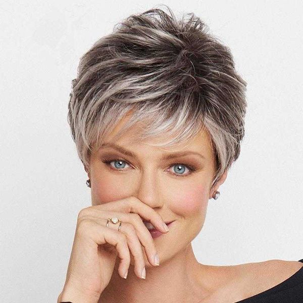 

wig womens fashion short straight hair black and white dyed mixed color chemical