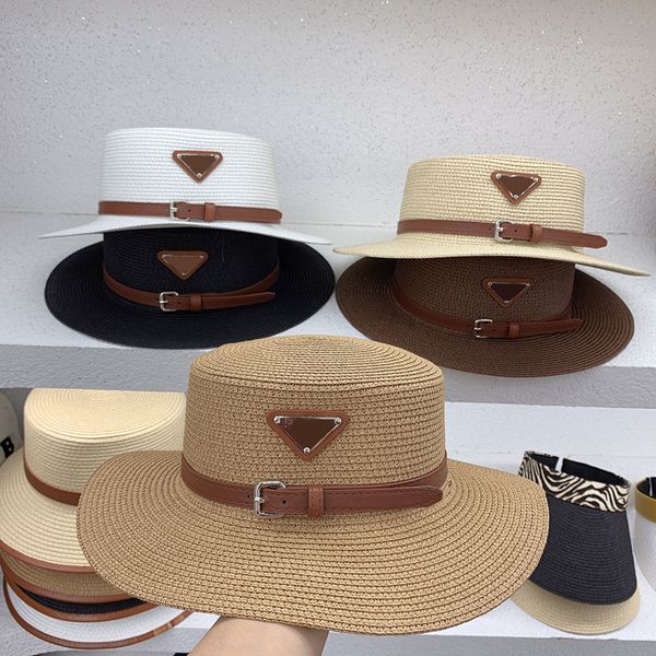 

designer ball caps inverted triangle belt buckle straw hat spring and summer sunscreen sun hat beach holiday hat flat hat fashion hat, Blue;gray