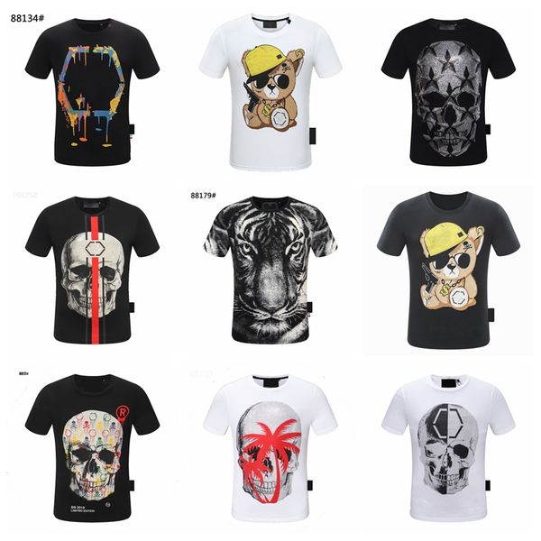 

tee luxury plein bear t-shirt brand tshirt spray letter short-sleeved mens and womens tees t shirt rhinestone skull men t-shirts, Black;white