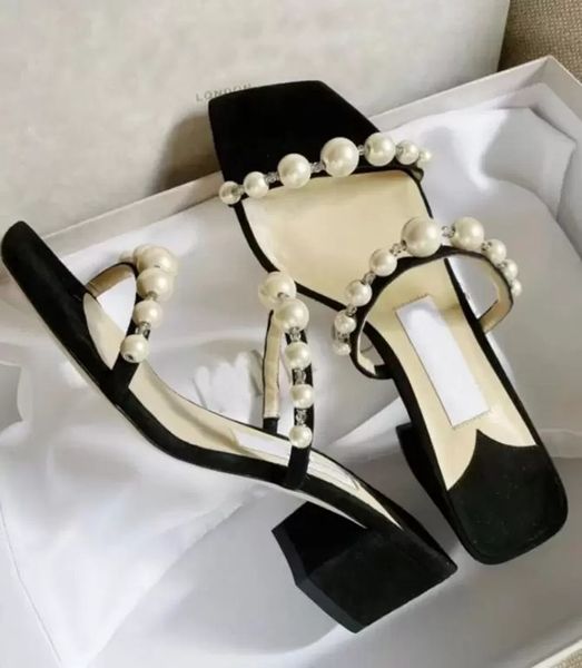

luxurious design dress shoe amara women sandal pearl strap slippers chunky heels mule square toe lady summer pumps party wedding eu35-43.box, Black