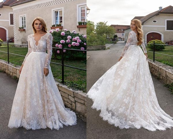 

2023 boho wedding dress full lace bohemian long sleeve v neck champagne lining a line bridal gowns vestidos de noiva custom size3842513, White