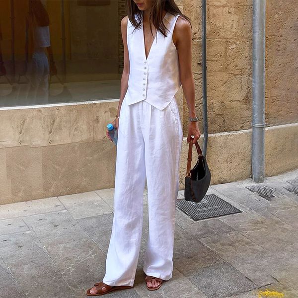 

womens two piece pants retro linen womens suits women blue sleeveless button up vest wide leg sets 2 pieces outfits ensemble femme 230317, White