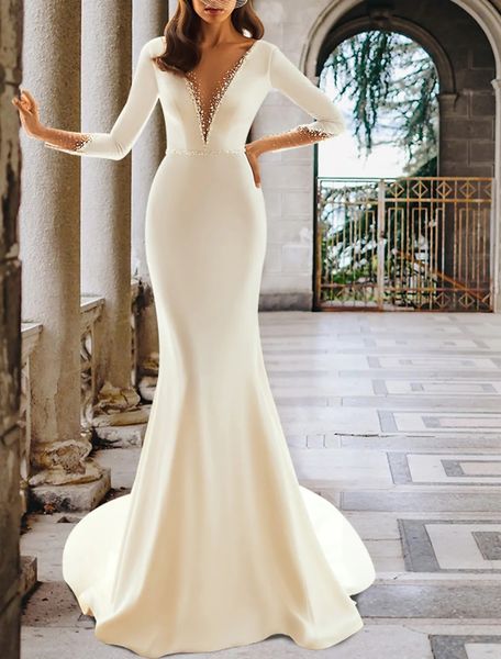 

elegant mermaid wedding dress 2023 sheer long sleeve v neck satin crystals beading backless bridal gowns robe de mariee women custom made, White