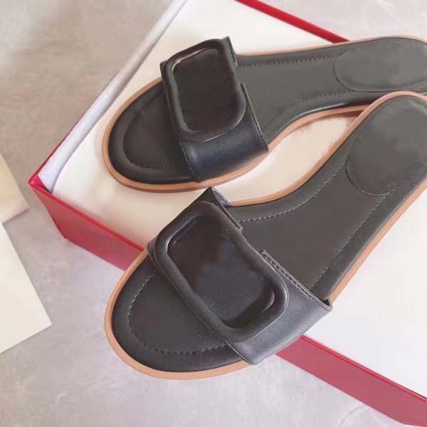 

designer sandals womens slippers open toe genuine leather flatform wide-band knit vamp ridged outdoor beach flat slipper size 35-42 with box, Black
