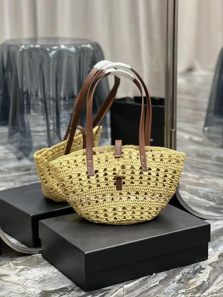 

hollow straw bag handbag clutch vegetable basket tot bag raffia woven large capacity storage brown handle yellow 42*20*22cm