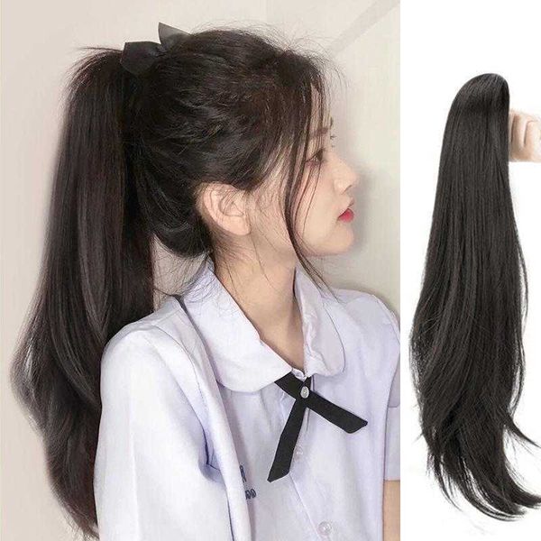

ponytail wig womens long hair clip on artificial high horse tail lace up mid length, Black