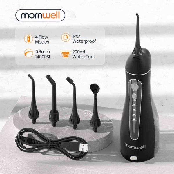 

mornwell portable oral irrigator with travel bag water flosser usb rechargeable 5 nozzles jet 200ml tank proof 220601