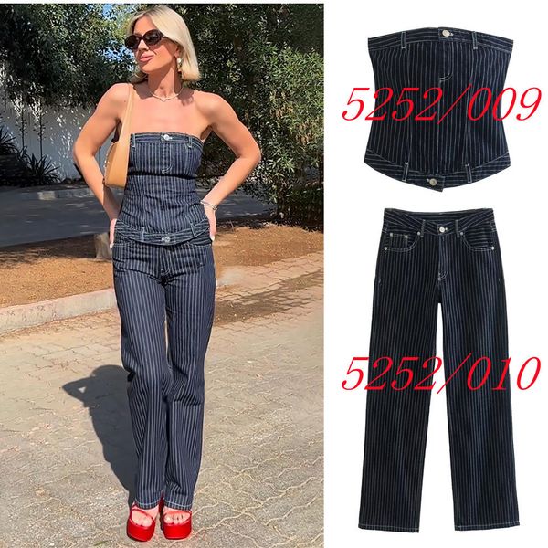 

womens two piece pants unizera spring clothing offtheshoulder striped denim midwaist straightleg twopiece set 5252009 230317, White