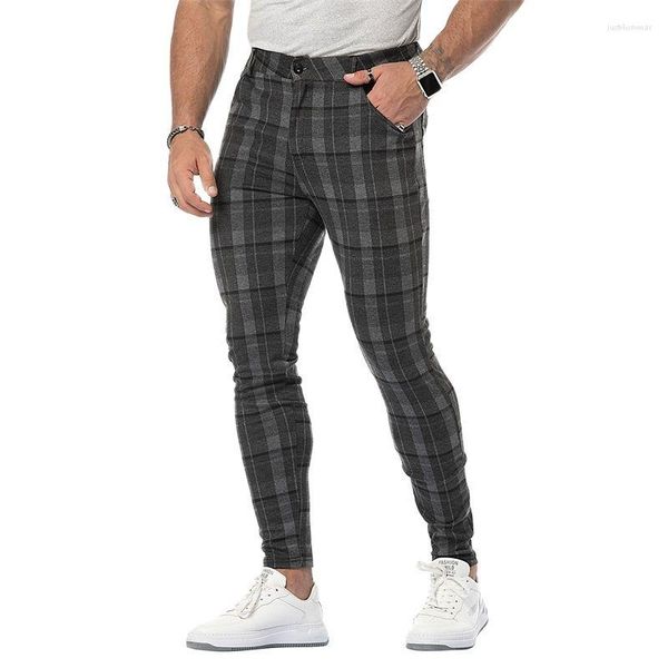 

men's casual pants grey slim fit cotton check side stripe ankle pants, Black