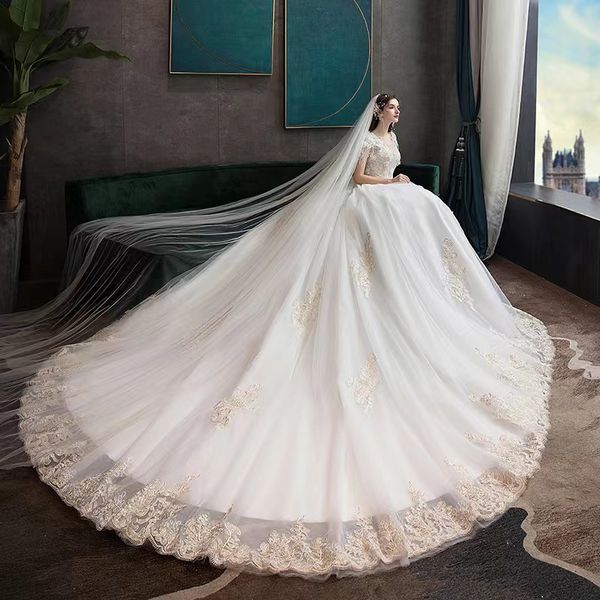 

modest ball gown wedding dresses long train beaded bridal gowns sheer jewel neck lace appliqued sequins plus size robe de mariee custom made, White