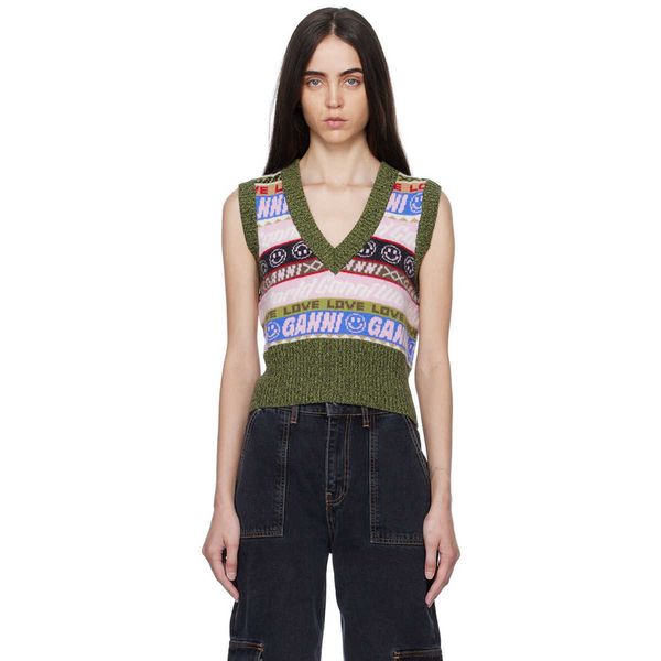 

23ss ganni fashion knitted vests color-blocking smiling printing wool spinning knitted vest sweater, Black;white