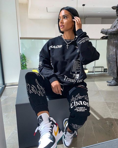 

womens two piece pants women outfit letter print loose 2 set streetwear tracksuit sweatshirt joggers matching ensemble femme 230317, White
