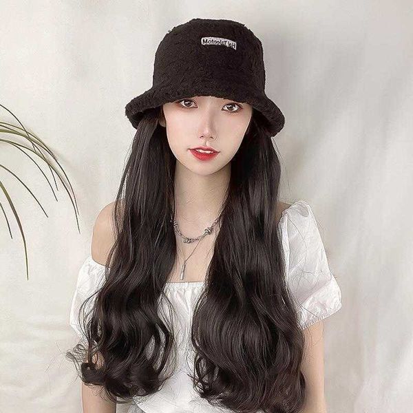 

wig womens one piece lamb wool hat long curly hair head cover korean style, Black