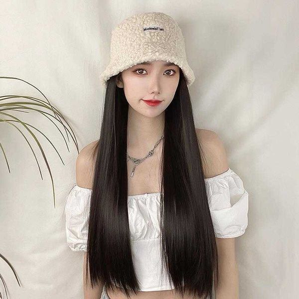 

hat wig female long hair chemical fiber head cover internet celebrity korean, Black
