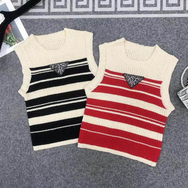 

2023 women's stripe tanks fashion summer sequin triangle pattern round neck women's knits vest sleeveless lady sweater vest, White