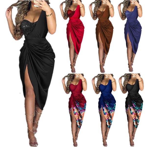 

2023 women's solid color beaded split long skirt pleated one shoulder evening dress skirt, Black;gray