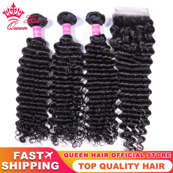 

deep wave human hair bundles with lace closure brazilian virgin raw hair natural color deep curly wave hair extensions queen hair products, Black