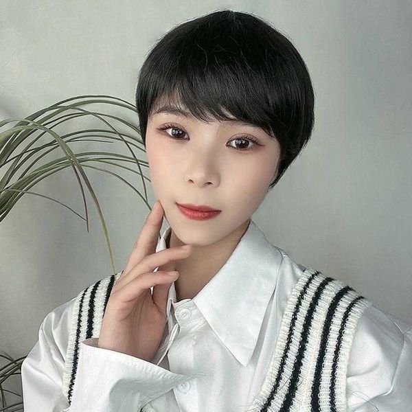 

wig female short hair natural realistic sheath fluffy handsome bobo type, Black