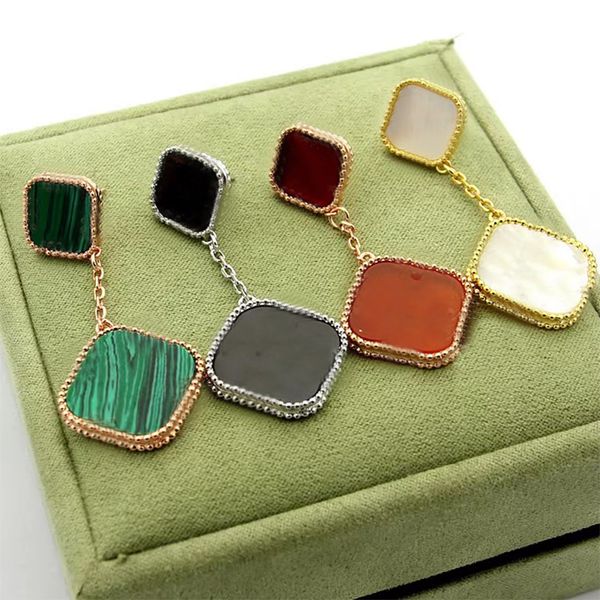 

new luxury titanium steel double flower dangle earrings fashionable charming women's fourleaf grass diamond earrings designer jewelry, Silver