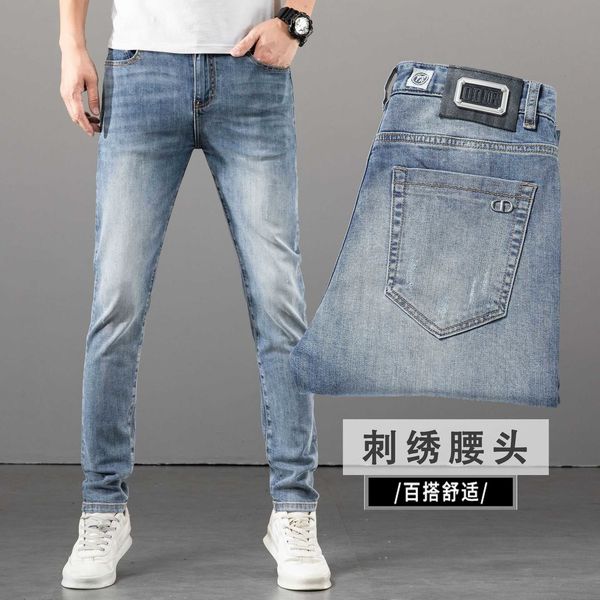

brand fashion jeans men's 2022 slim fit feet pants premium thin denim, Blue