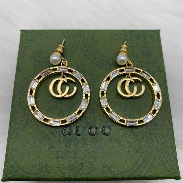 

2023 designer new g family / gujia's 22 year new letters rectangular diamond pearl earrings feminine temperament light luxury circle ea, Golden