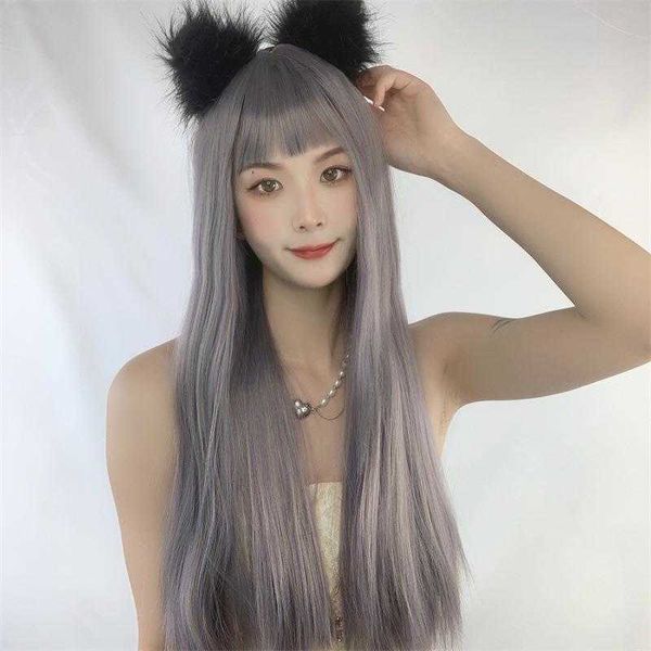 

wig female straight bangs long black hair temperament face repair high