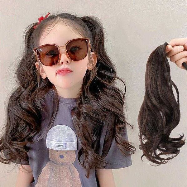 

children wig womens lace up ponytail mid length curly hair big wave braid, Black